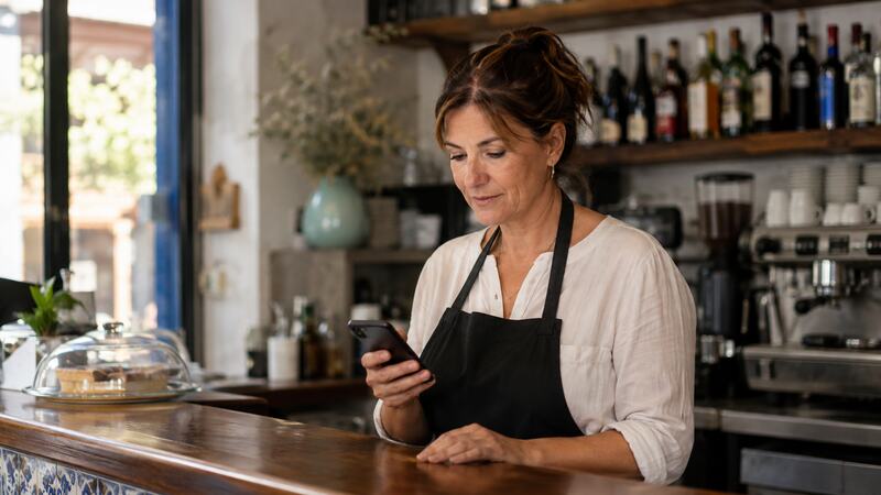 Propietaria de un bar de Jerez atendiendo reservas recibidas por internet