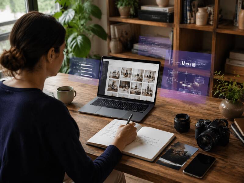 Creadora documentando una experiencia real con fotografías y notas mientras utiliza inteligencia artificial como apoyo