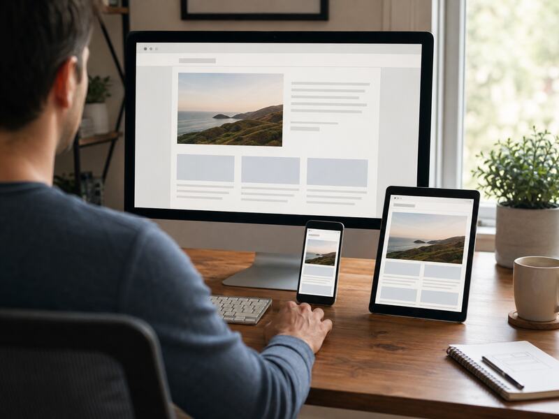 Diseño web adaptable mostrado en ordenador, tableta y teléfono móvil