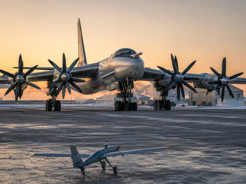 Pequeño dron frente a un bombardero estratégico Tu-95 estacionado en una base aérea