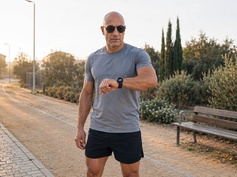 Mel consulta un temporizador de tres minutos antes de empezar a correr