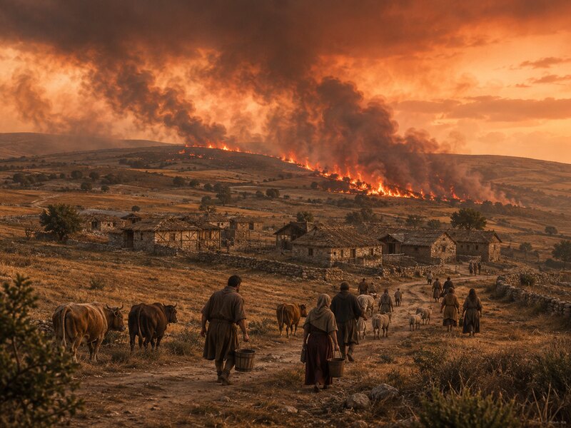 Incendio del año 949 avanzando hacia una aldea de la Meseta Norte