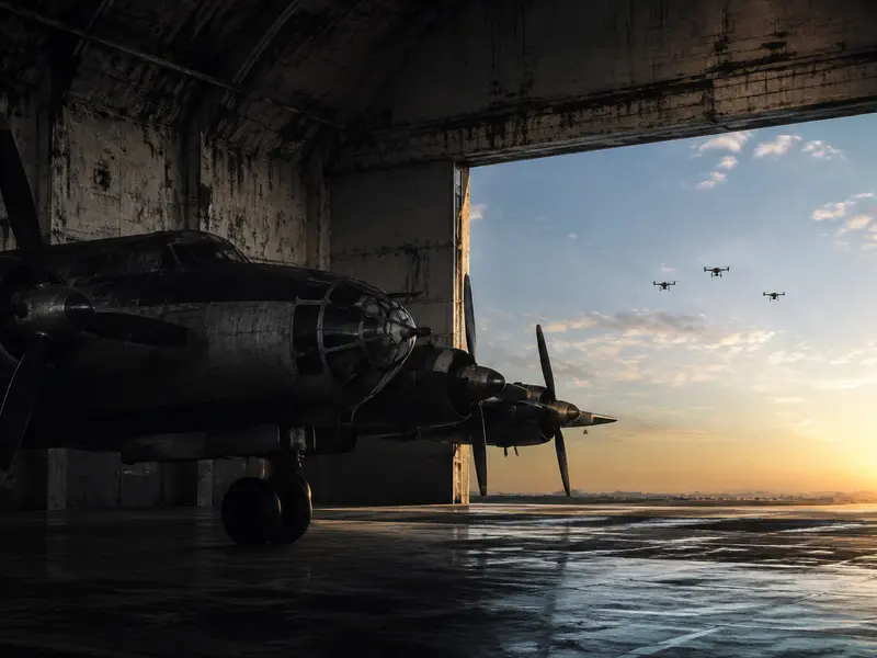 Bombardero antiguo dentro de un hangar mientras varios drones vuelan al amanecer