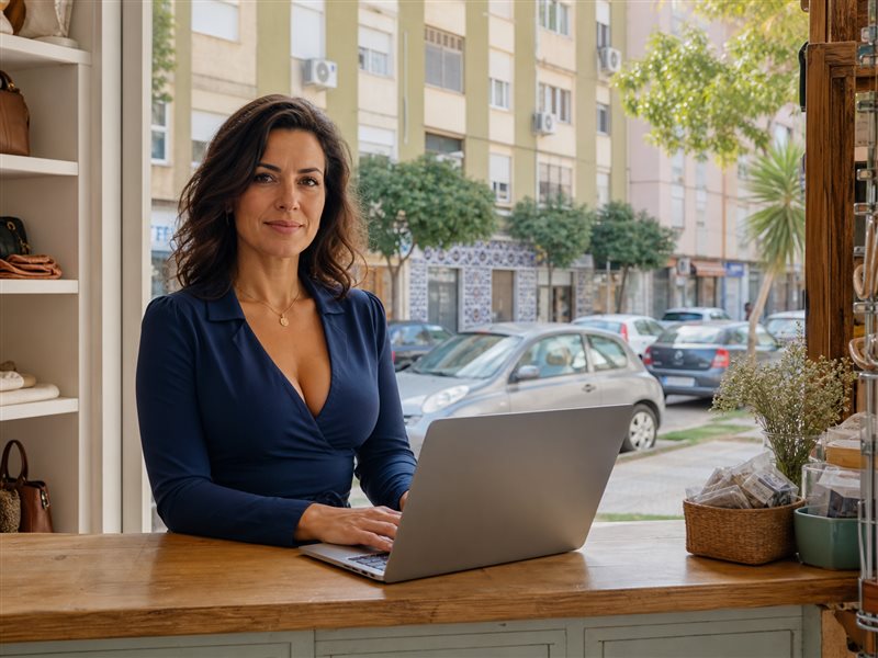 Mujer propietaria de un negocio local usando un portátil en San Joaquín, Jerez