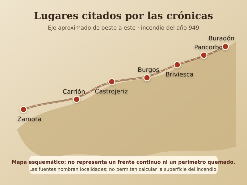 Localidades mencionadas en las fuentes del gran incendio del año 949