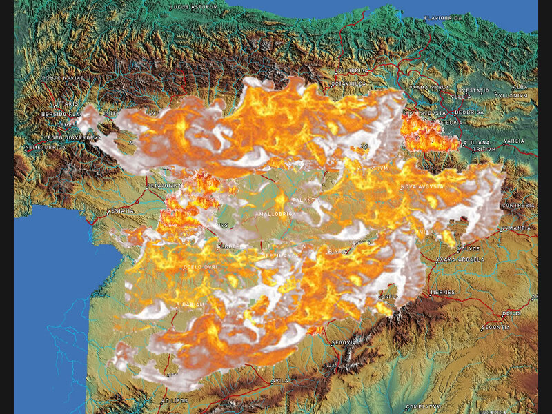 Recreación visual del posible alcance del incendio del año 949
