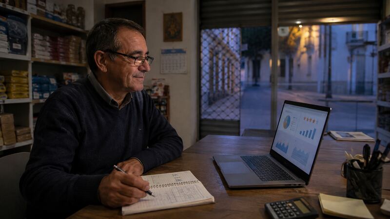 Comerciante revisando reseñas y resultados de marketing digital al cerrar su negocio