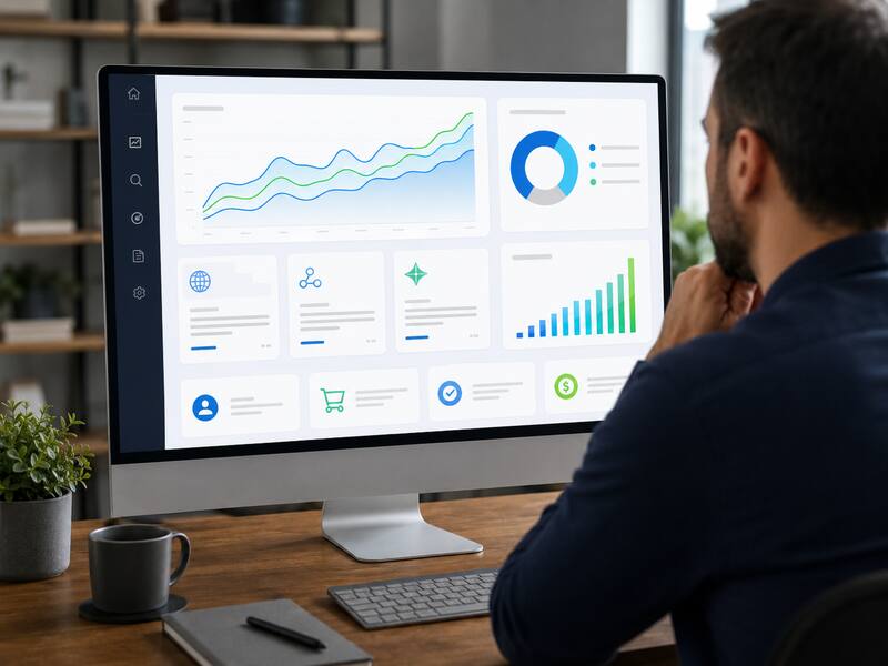Propietario de una web revisando gráficas de visibilidad, menciones y conversiones procedentes de la búsqueda con inteligencia artificial