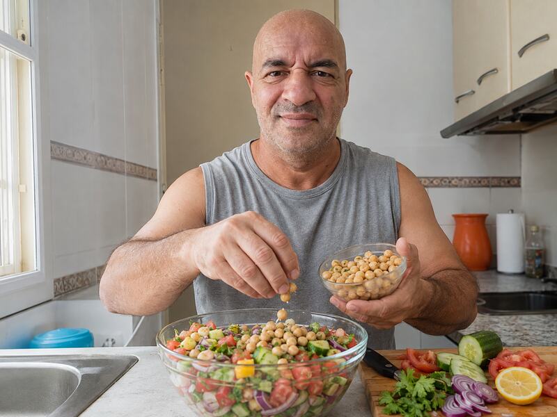 Mel prepara una ensalada con verduras y garbanzos en su cocina