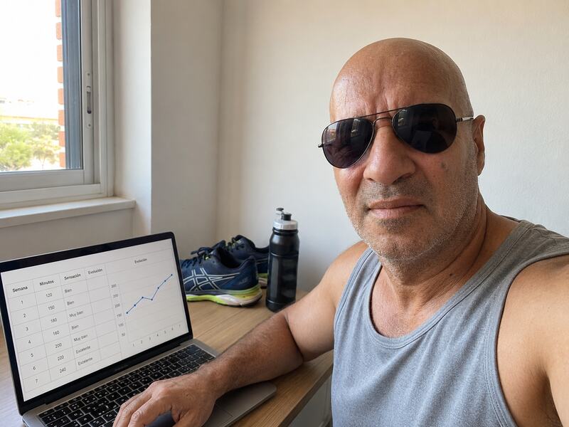 Mel revisa con gafas de sol su registro de running en un ordenador portátil