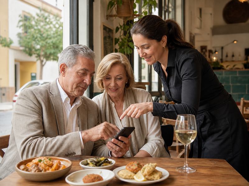 Pareja mayor realizando una reserva en el interior de un restaurante de Jerez