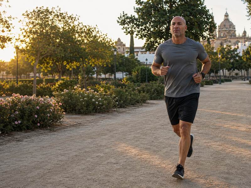 Mel corre a ritmo suave por un parque de Jerez al amanecer