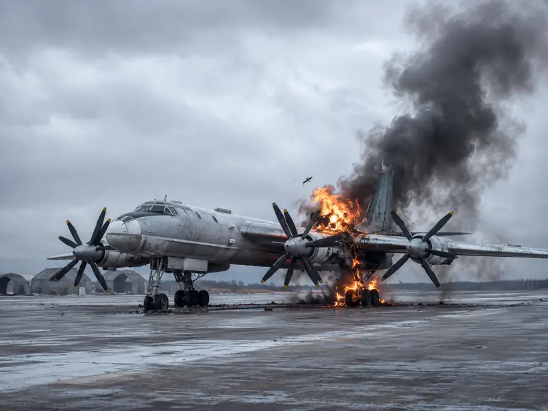 Bombardero Tu-95 ardiendo en una pista tras el impacto de un pequeño dron