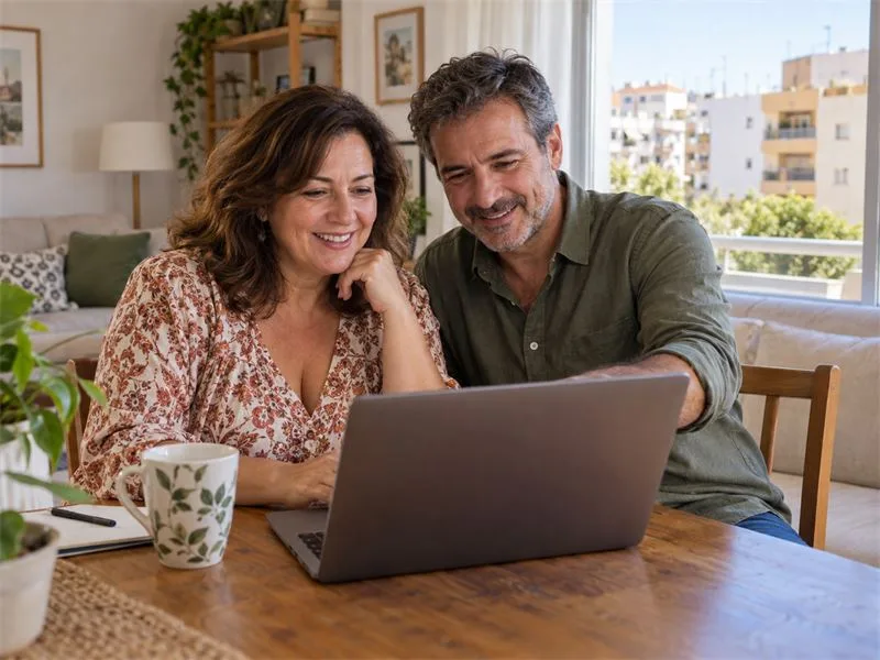 Pareja adulta aprendiendo a conectar ChatGPT con su ordenador en Jerez