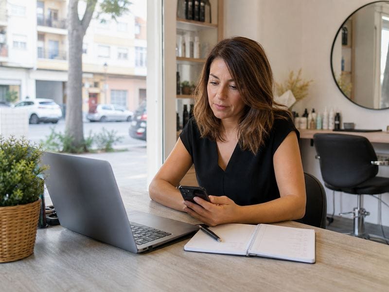 Una peluquera revisa reservas y datos digitales en su negocio de Jerez.