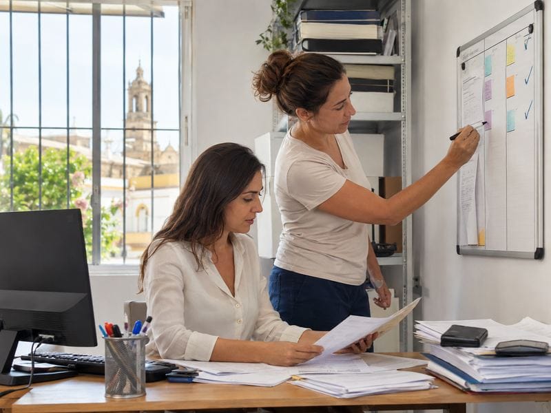 Equipo de negocio local organizando presupuestos y tareas administrativas en Jerez.