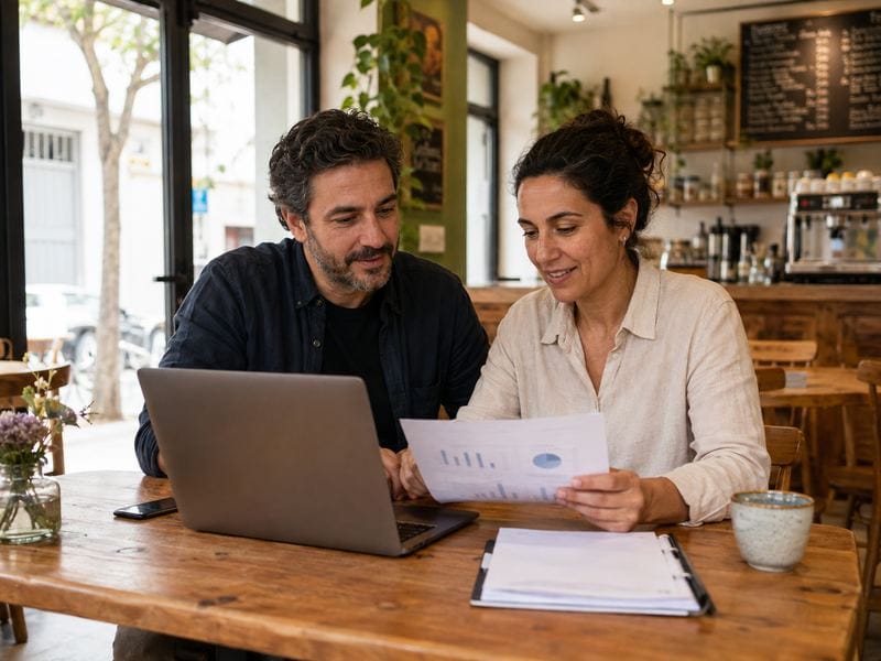 Dos propietarios revisan el rendimiento digital mensual de su café en Jerez.